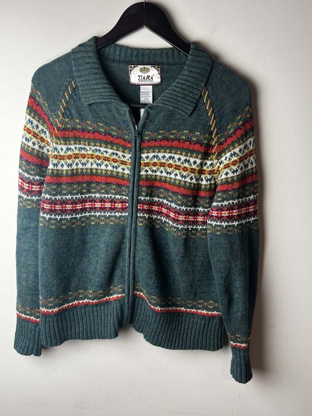 Vtg Y2K Tiara International Womens Full Zip Sweater M Multicolor Fair Isle
